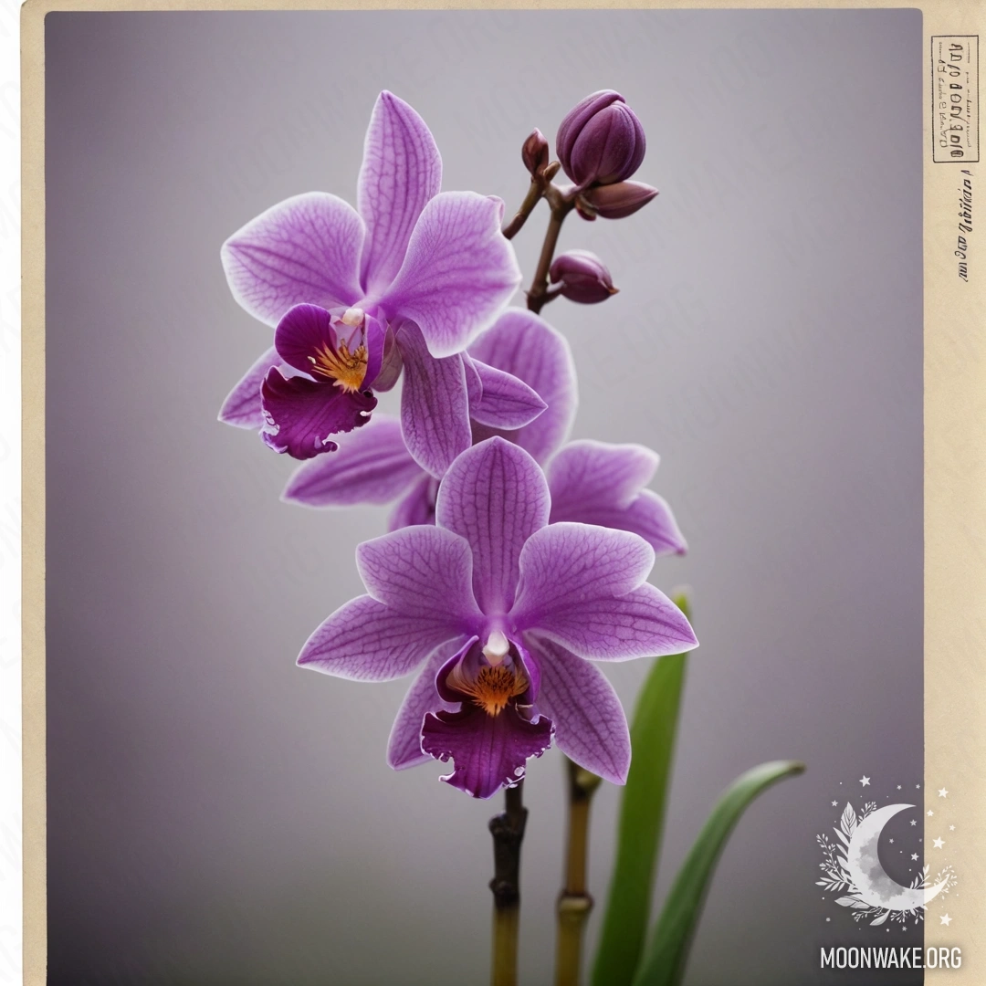 A minimalist depiction of an orchid surrounded by mist and purple patterns, reminiscent of an old postcard.