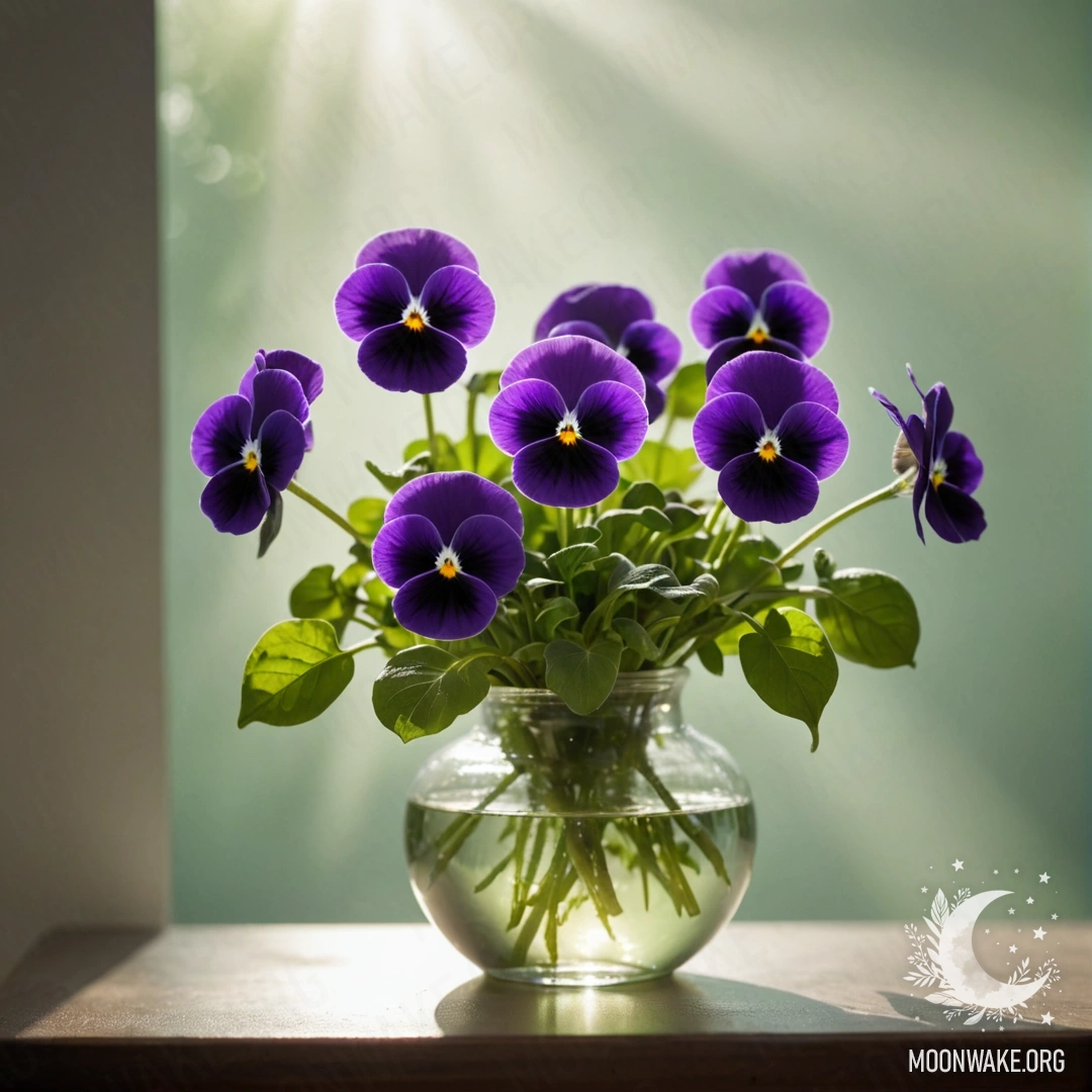 A minimalist composition of green pansies in a vase surrounded by fog and sunlight.
