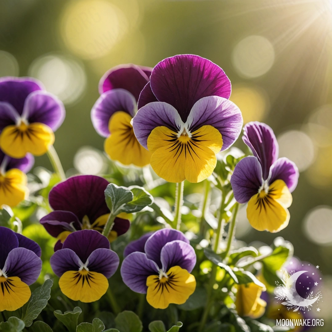 A minimalistic photograph featuring pansies set against a background of sunny rays and an olive color.