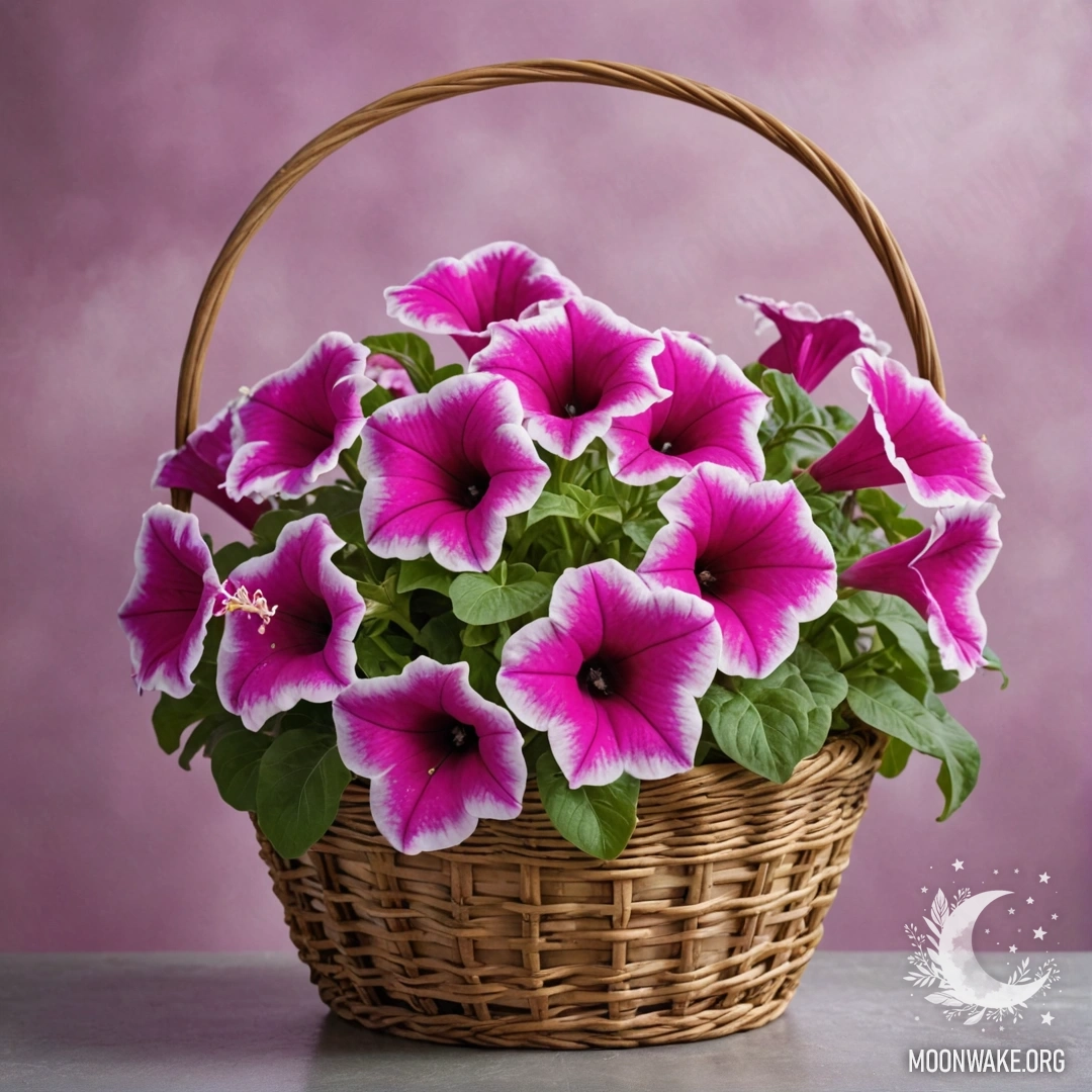 A fuchsia-colored basket adorned with a single petunia emerging from mist.