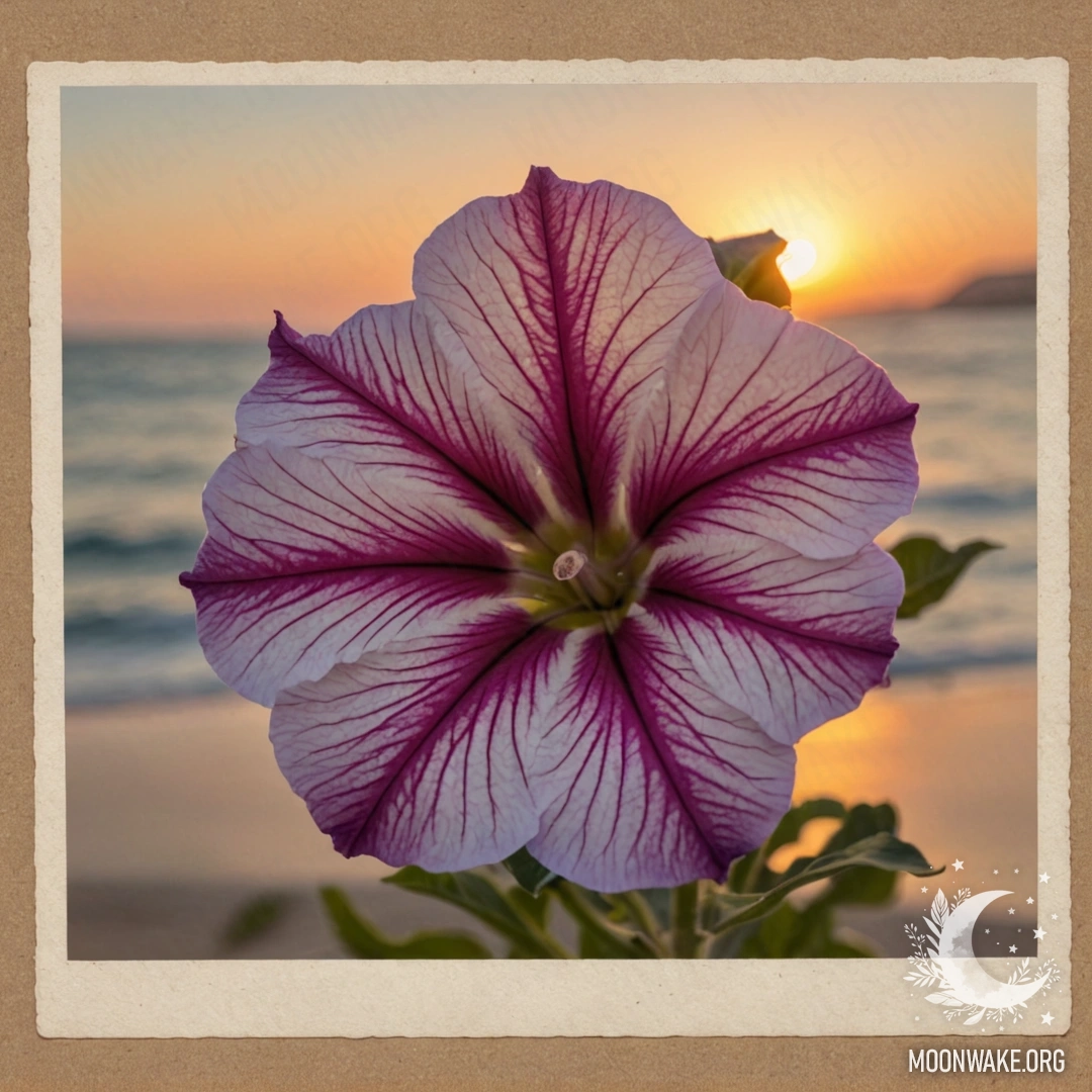 A minimalist petunia flower with a delicate web against a sunset background, featuring sea wave patterns reminiscent of an old postcard.