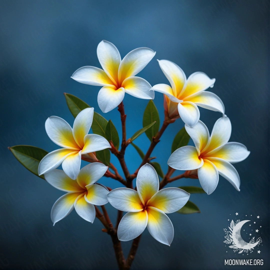 A minimalist painting of a plumeria flower surrounded by fog at night, with a sky blue background.