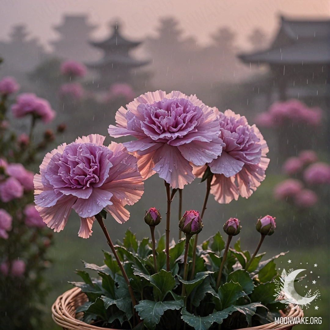 Minimalist Purple Carnation in Rainy Sunset A purple carnation in a basket, surrounded by mist and rain at sunset.