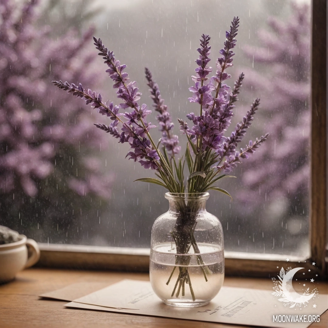 A minimalist vase with sakura branches under gentle rain and sunny rays.