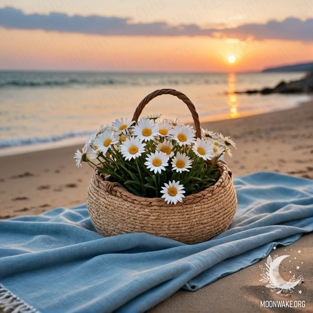A minimalist scene of a sandy beach at sunset featuring a straw bag with a blue tablecloth and a bouquet of daisies against the sea.