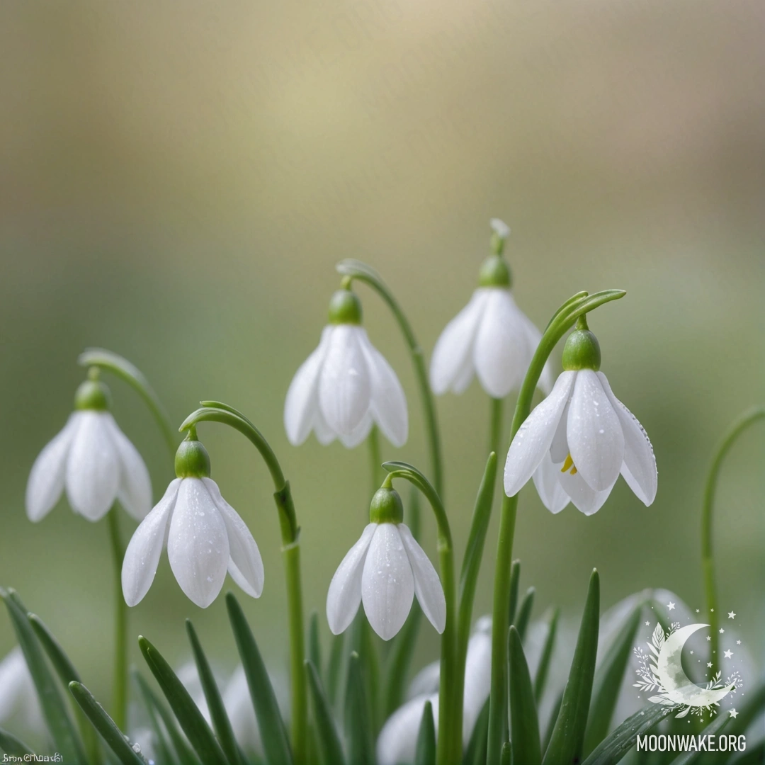 A soft, minimalist illustration of snowdrops against a pastel background.