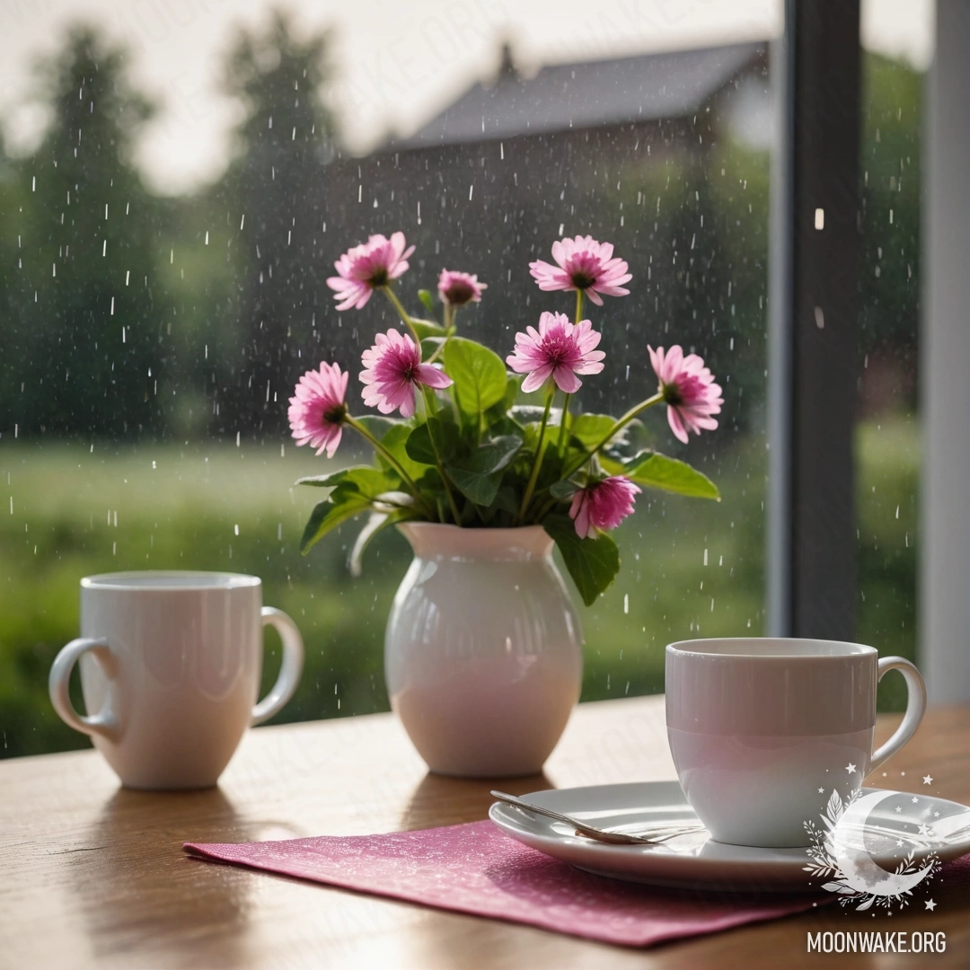 Minimalist Aesthetic with Porcelain Cups and Clover A round straw napkin with white porcelain cups featuring a pink pattern, alongside a clover in a white vase under the rain.