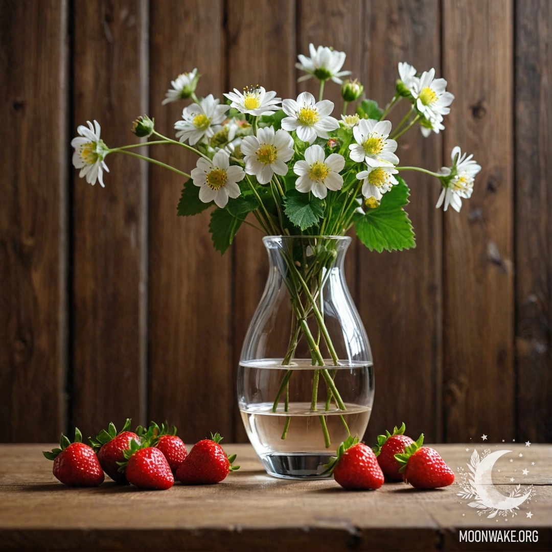 Minimalistic Night: Vase with Strawberries and Flowers A glass vase with branches containing strawberries and flowers on a wooden background at night.