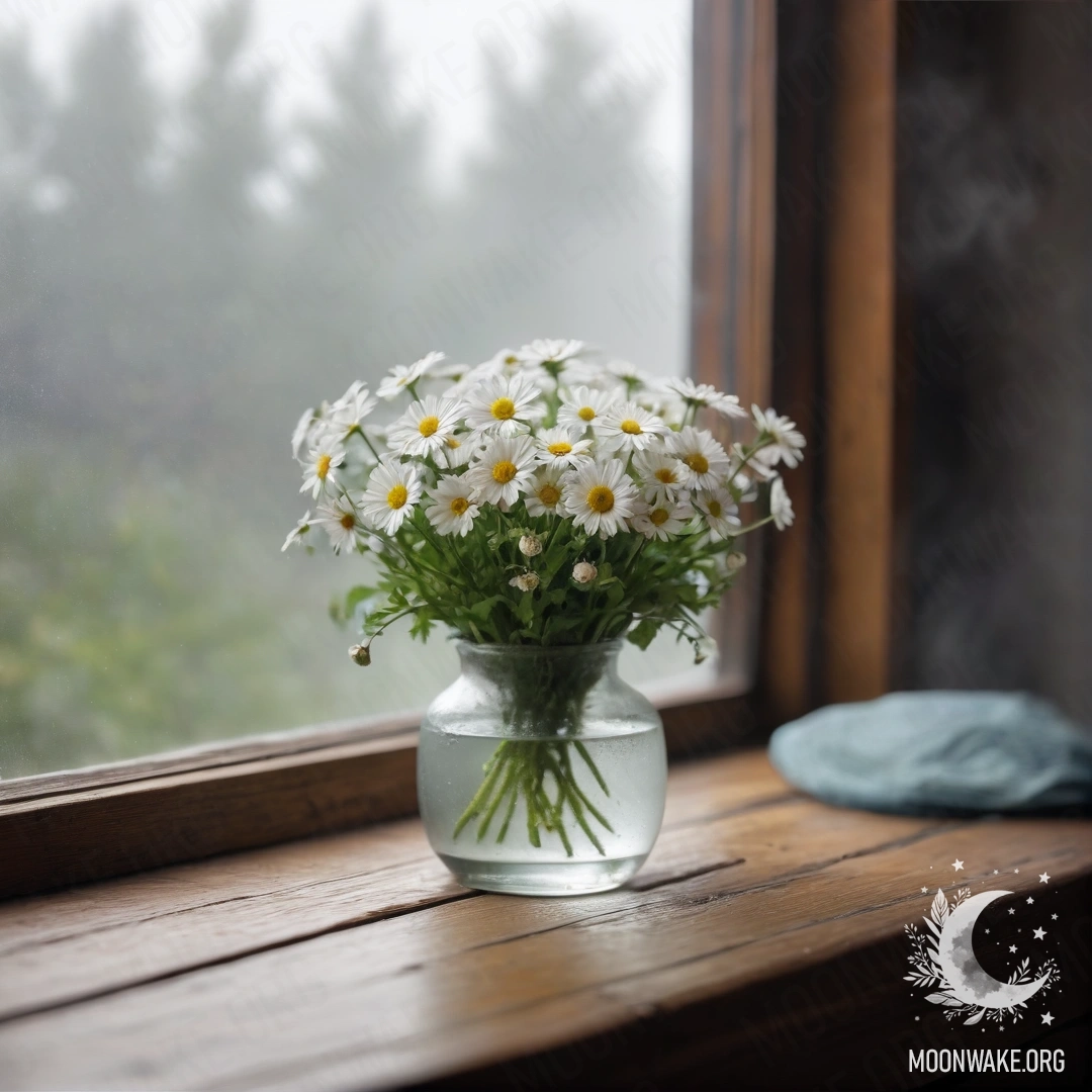 A glass vase with daisies rests on a wooden vintage windowsill, surrounded by dense mist.