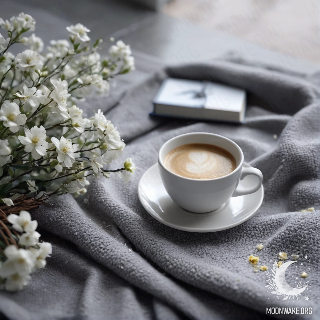 Minimalist Rainy Day Still Life A close-up of a white chair with a gray knitted blanket, a book, a branch with white flowers, and a white cup of coffee under the rain.
