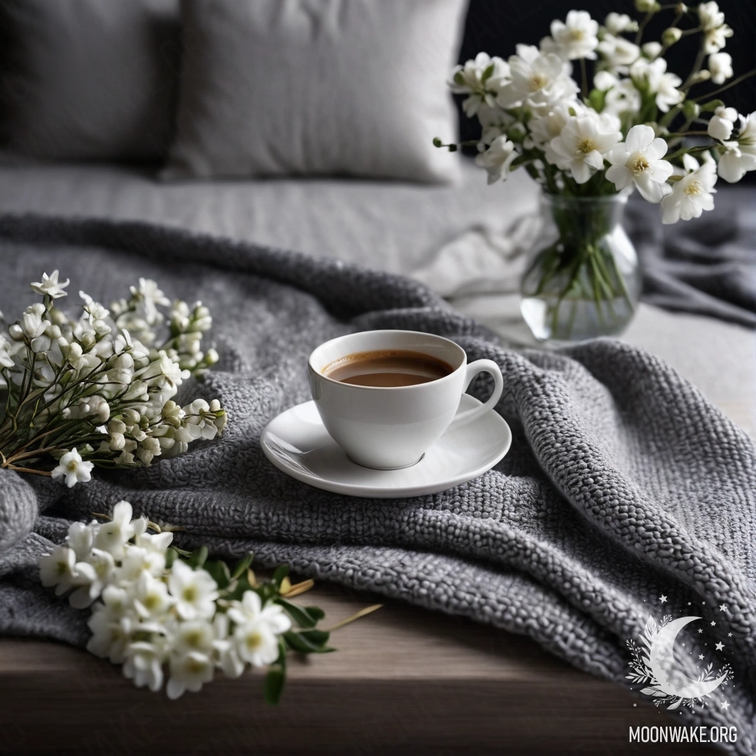 Minimalist Cozy Evening Scene A close-up of a white chair with a gray blanket, a book, white flowers, and a cup of coffee.