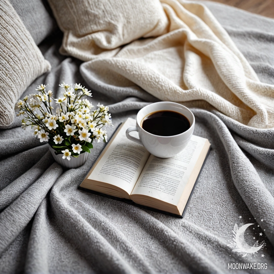 A close-up of a white chair with a gray knitted blanket, a book, a branch with white flowers, and a white cup of coffee, illuminated by soft sun rays.