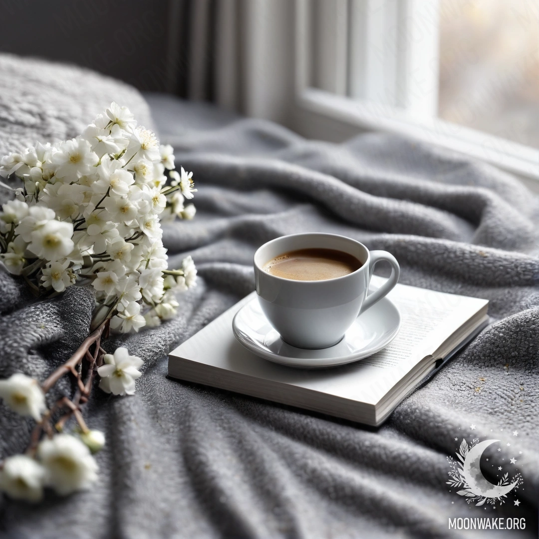 A close-up of a white chair with a gray knitted blanket, a book, a branch with white flowers, and a cup of coffee.