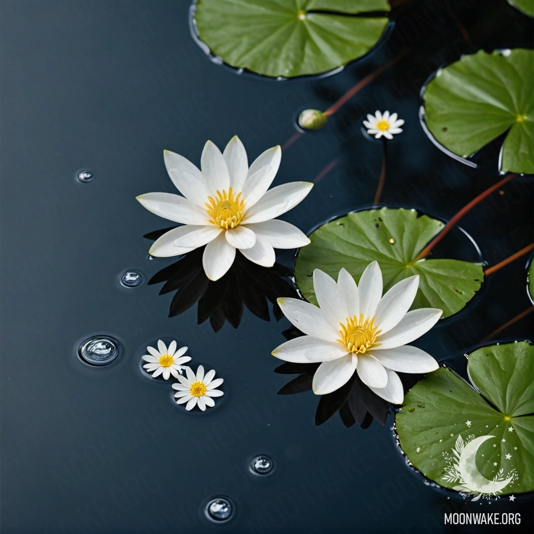 A serene view of delicate white flowers floating on a still water surface, captured through a lens.