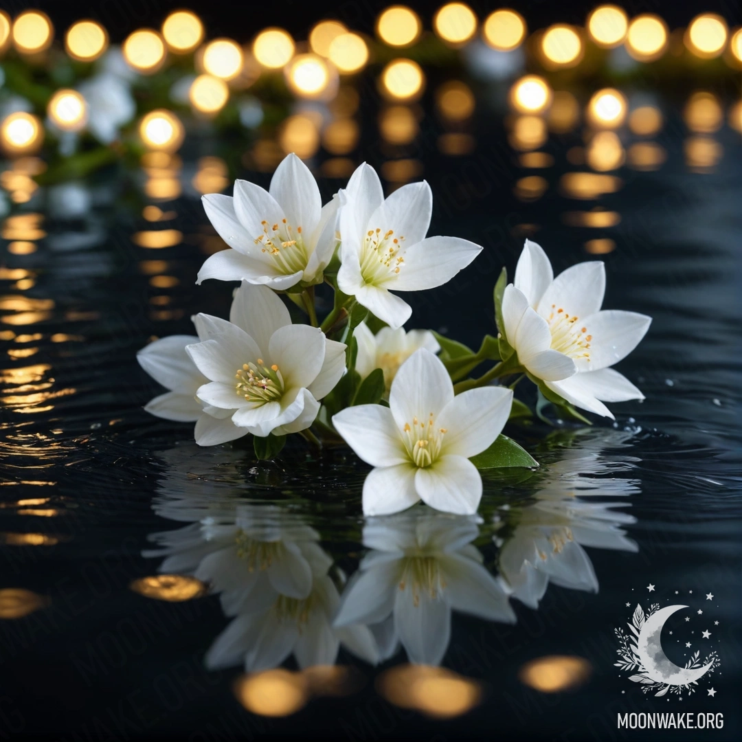 A serene composition of white flowers floating on a calm water surface, illuminated by soft glimmers of light from a garland.