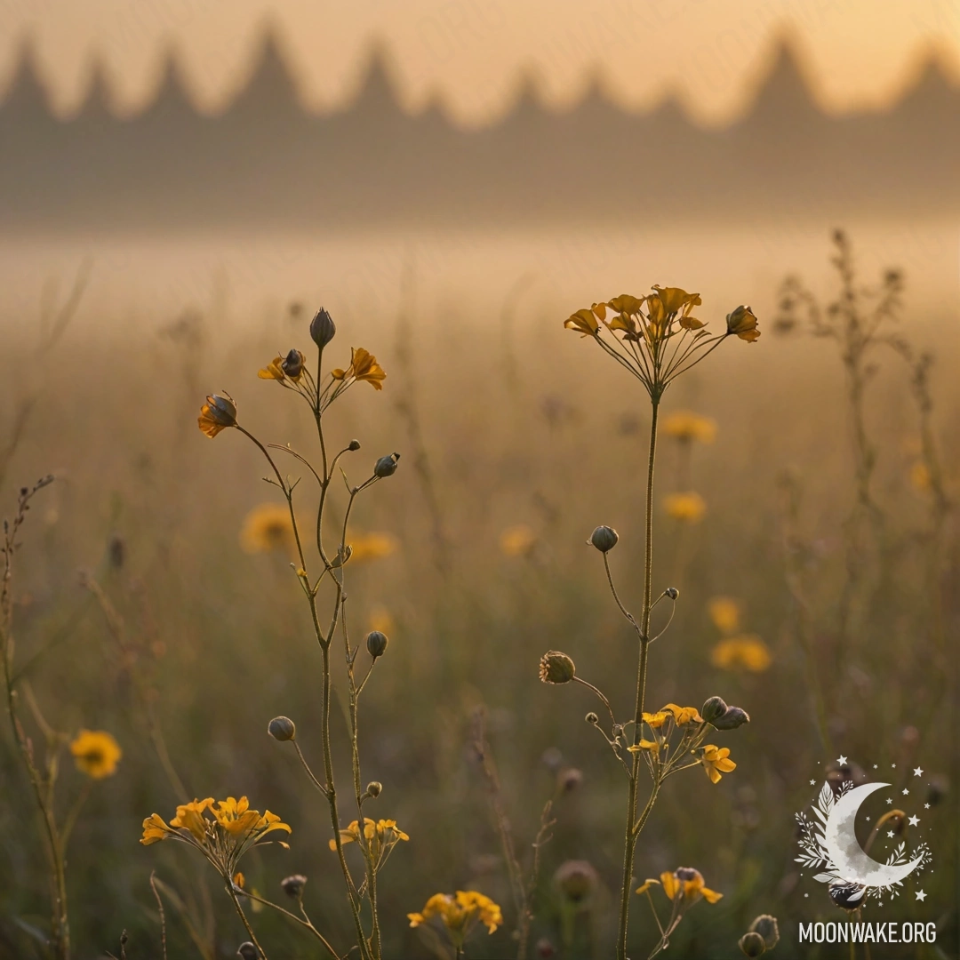A field of wildflowers shrouded in fog at sunset, glowing golden.