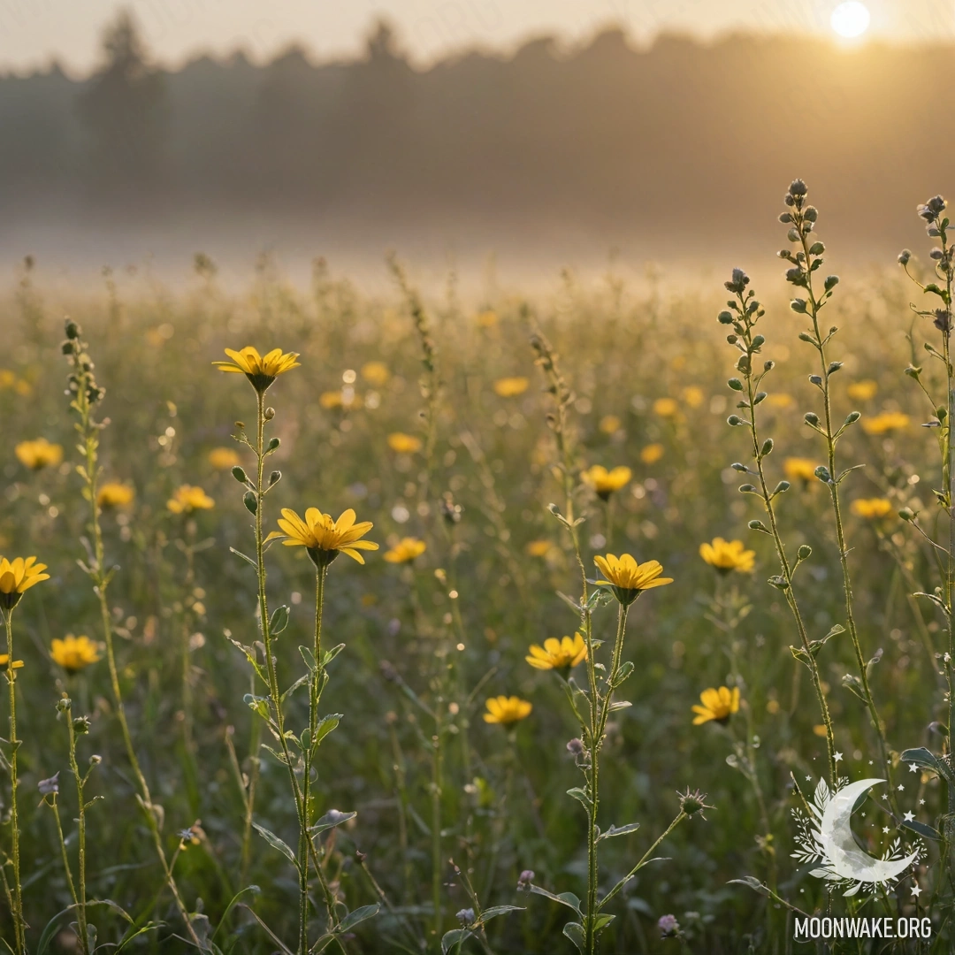Minimalist Wildflowers at Sunset A serene view of wildflowers in mist during sunset, adorned with sequins.