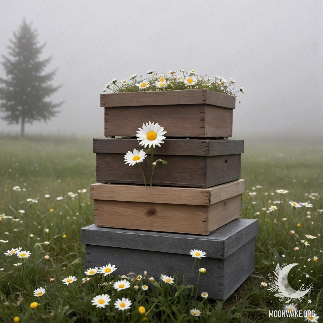 Two shabby wooden boxes stacked with daisies on top, surrounded by heavy fog.