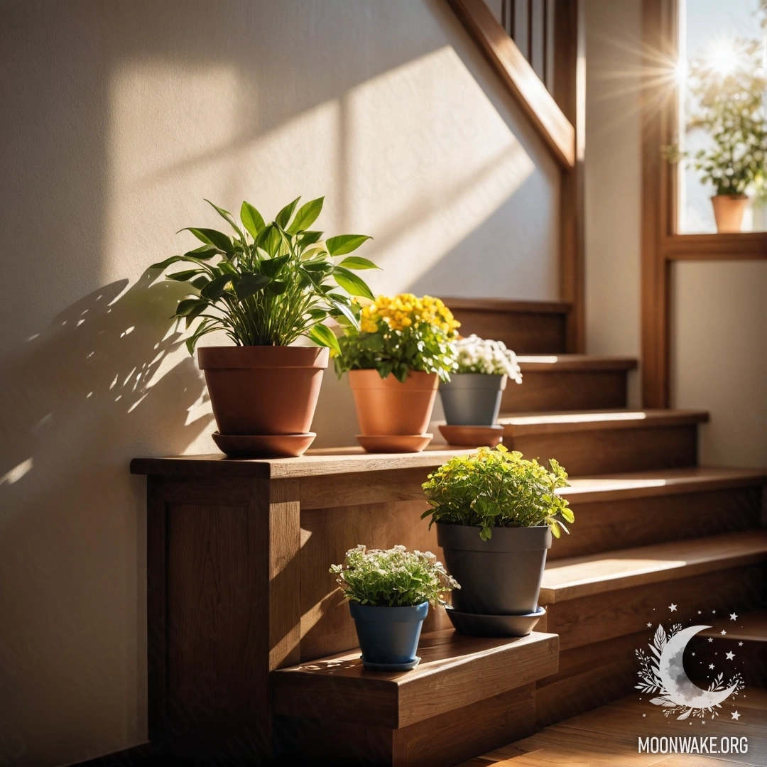 A wooden staircase adorned with flowerpots basking in sunlight.