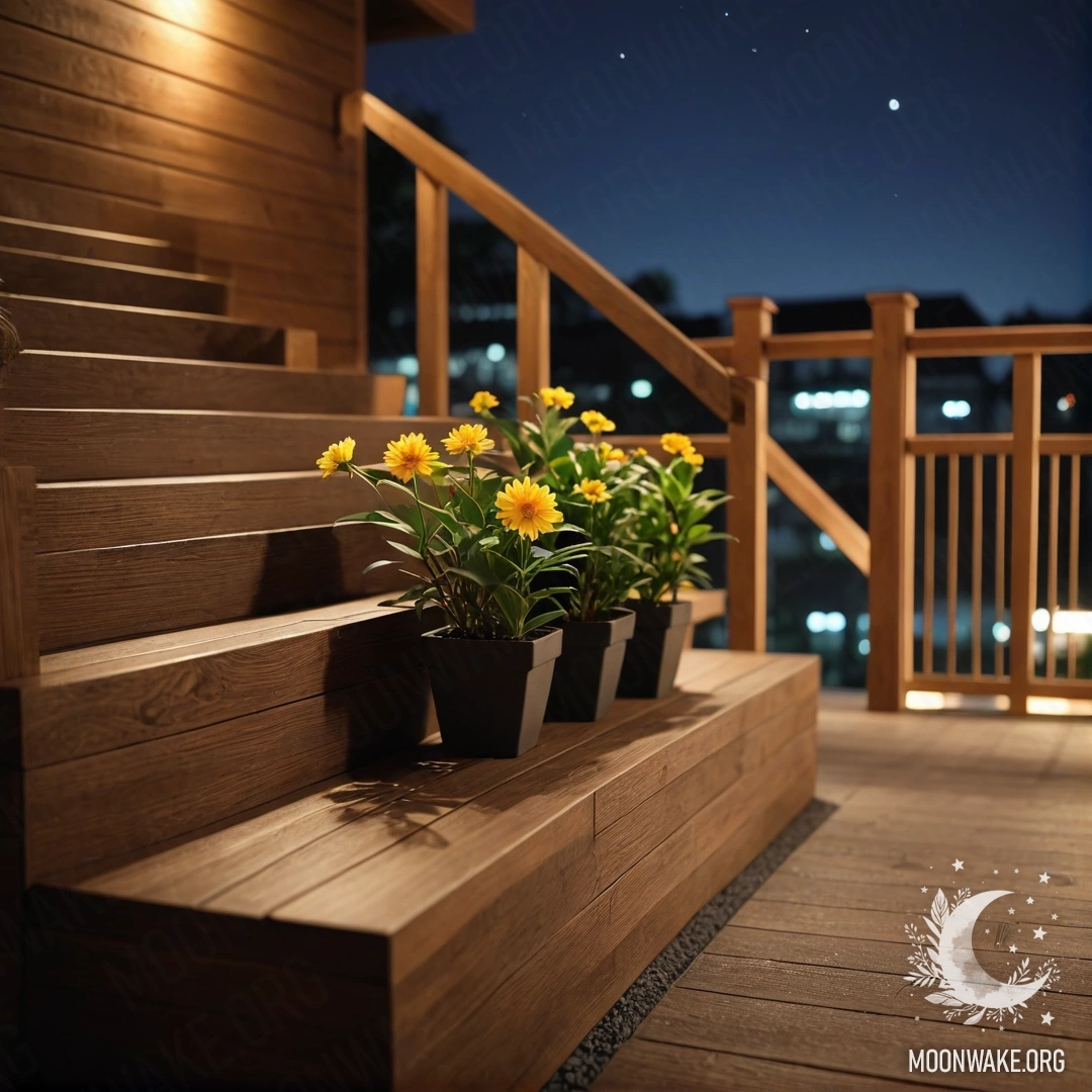 Minimalist Nighttime Scene with Flowerpots A photorealistic depiction of flowerpots on a wooden staircase at night.