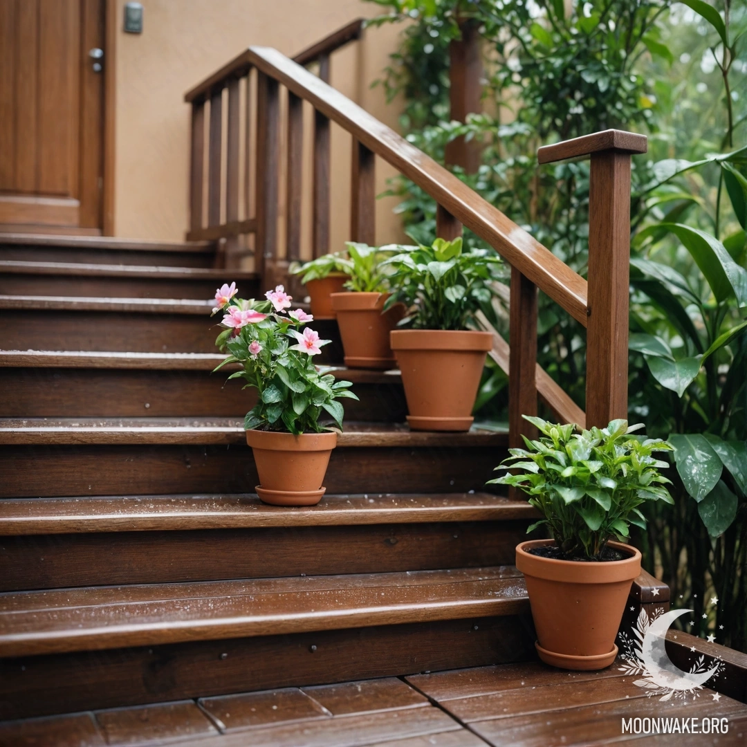 Minimalist Rainy Staircase with Flowerpots A minimalist wooden staircase featuring flowerpots placed underneath the rain.