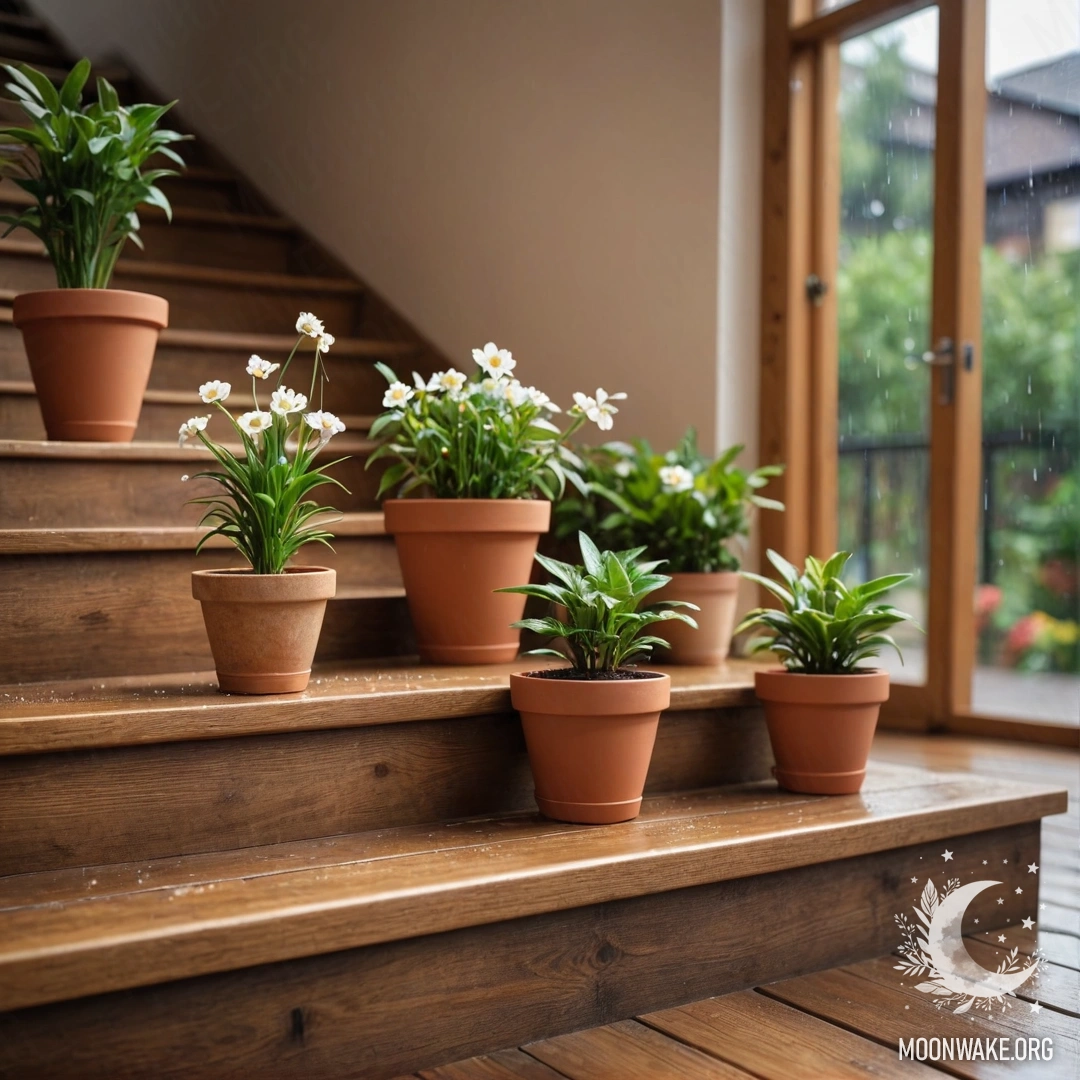A wooden staircase adorned with flowerpots beneath a gentle rain.