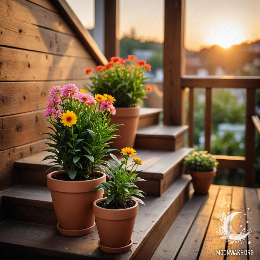 Wooden staircase with flowerpots during sunset, minimalist design.