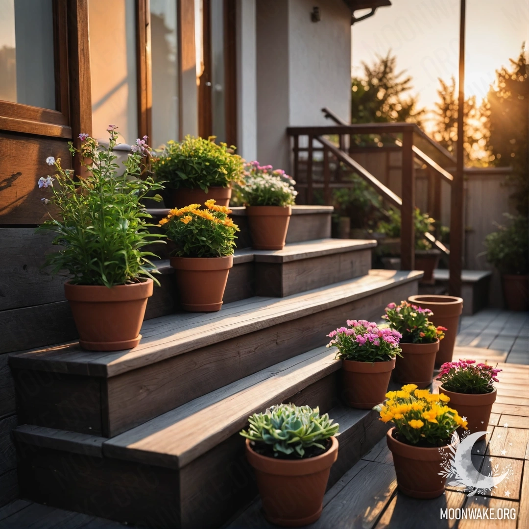 Minimalistic Wooden Staircase with Flowerpots at Sunset A wooden staircase adorned with flowerpots, bathed in sunset light.
