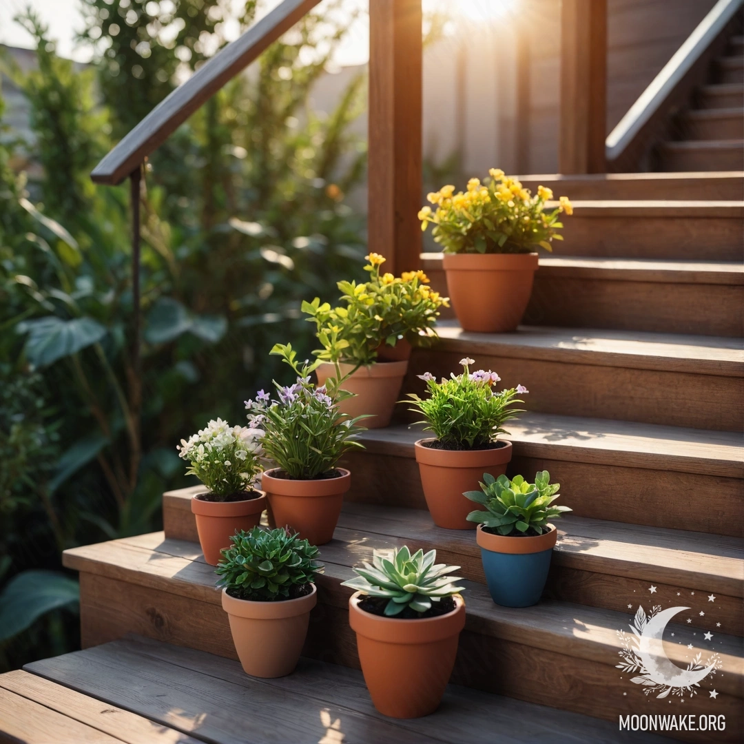 A wooden staircase adorned with flowerpots illuminated by sunset.