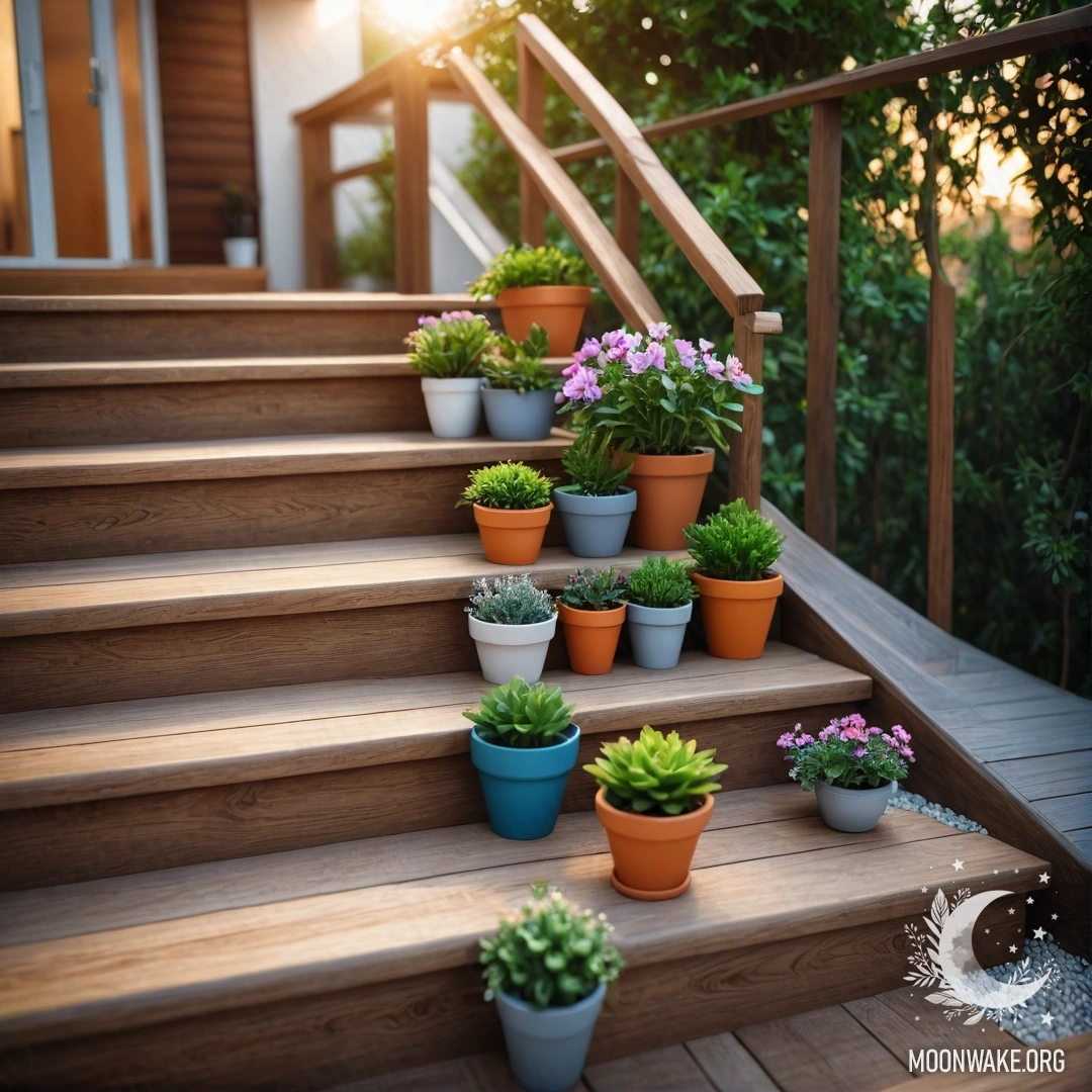 Minimalist Flowerpots on Wooden Staircase at Sunset A wooden staircase adorned with flowerpots during a picturesque sunset.