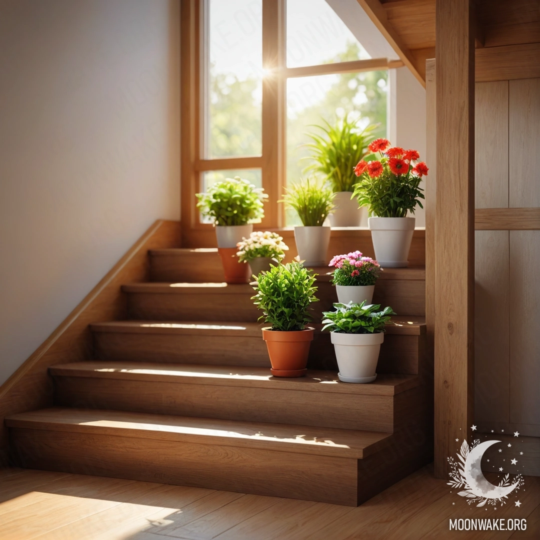 A wooden staircase adorned with flowerpots, illuminated by sun rays.