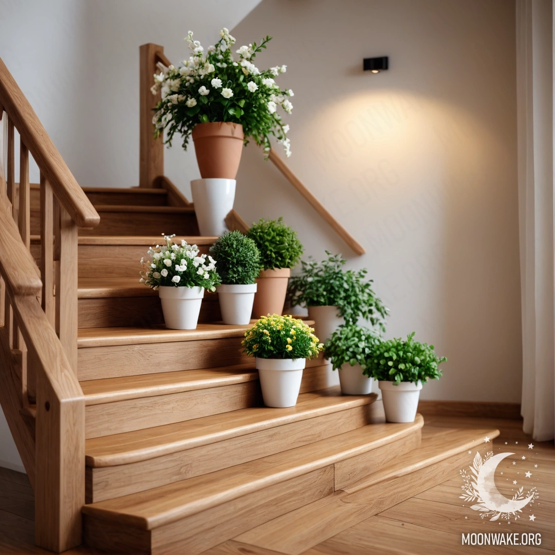 A wooden staircase adorned with flowerpots and ambient garland lights.