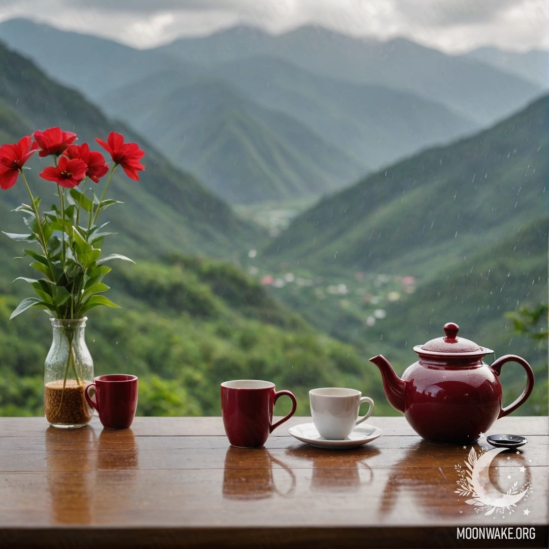 A wooden table with a jar of red flowers and coffee pot and cups under rain, with mountains in the background.