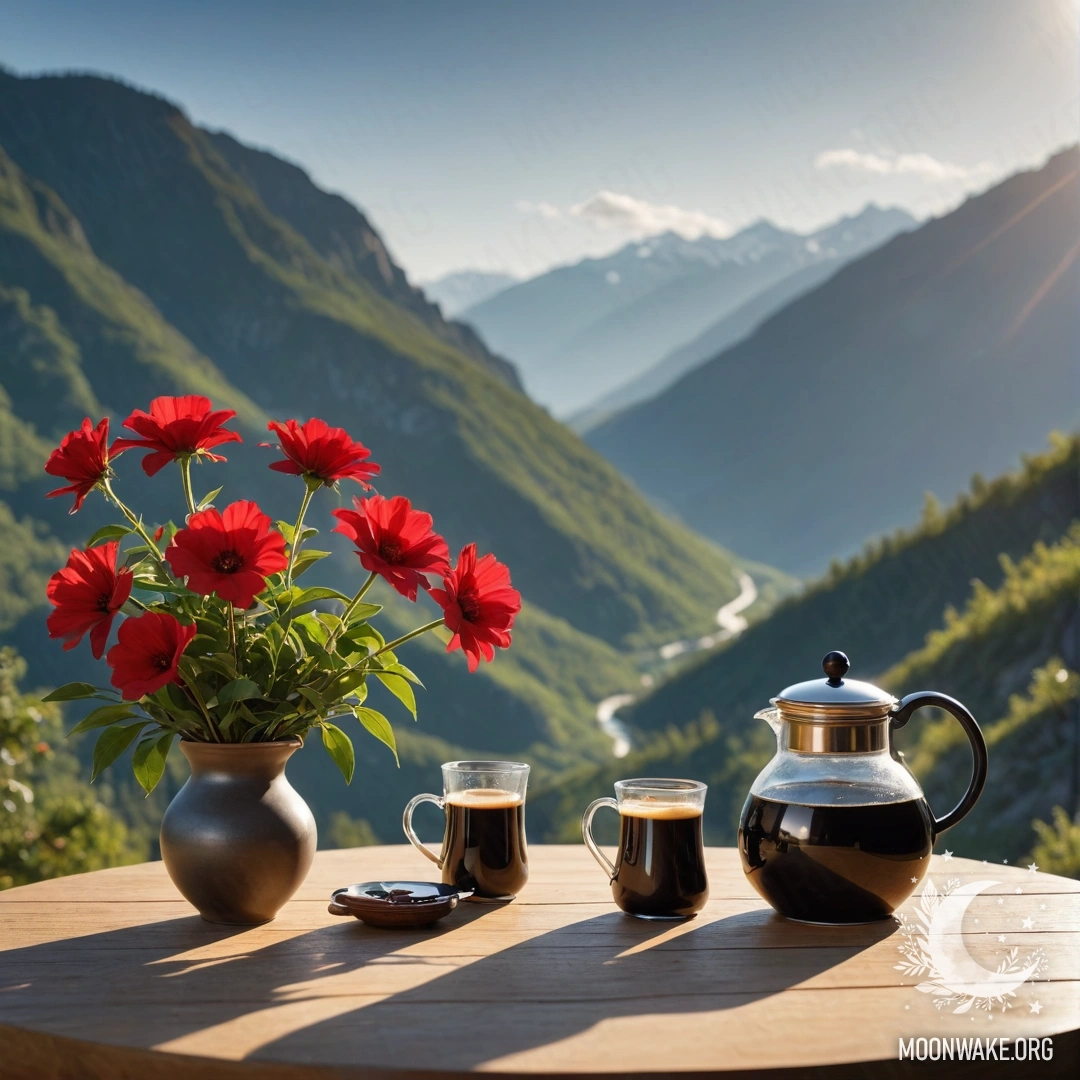Serene Minimalism with Flowers and Mountains A minimalist wooden table set against majestic mountains, featuring a jar of red flowers and a coffee pot with cups illuminated by sun rays.