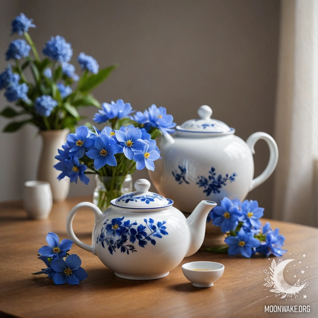 A round wooden table adorned with a porcelain teapot filled with blue flowers.
