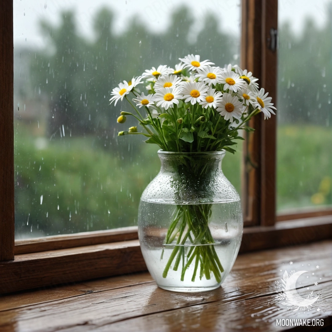A glass vase with daisies on a wooden vintage windowsill, rain falling.