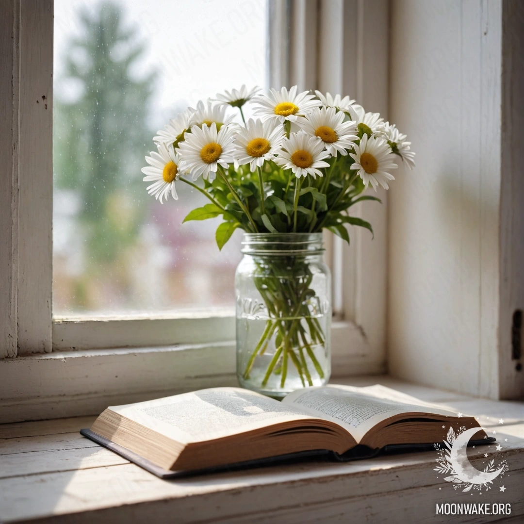 Minimalistic Daisies on a Wooden Windowsill A shabby wooden windowsill with a jar of daisies and an open book next to it, illuminated by garland lights.