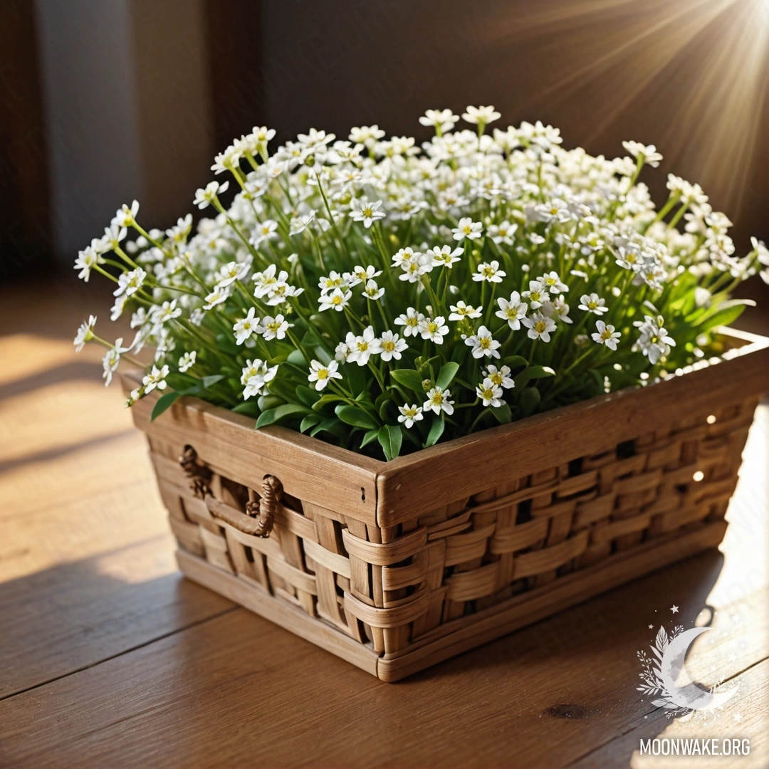 A basket filled with small white flowers resting on a wooden table, bathed in sunlight.