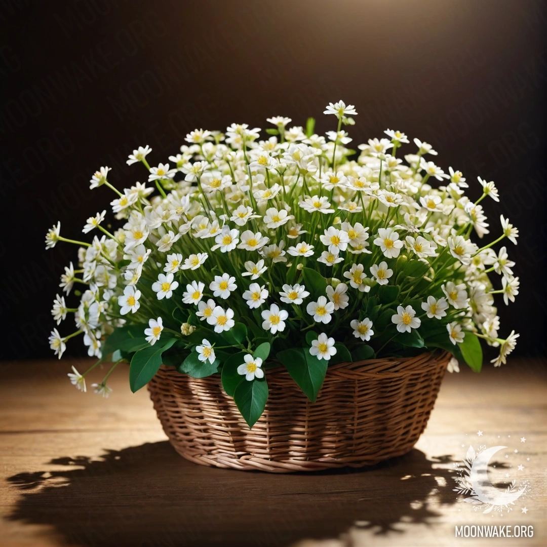 A basket filled with small white flowers sitting on a wooden table at night, softly illuminated by moonlight.