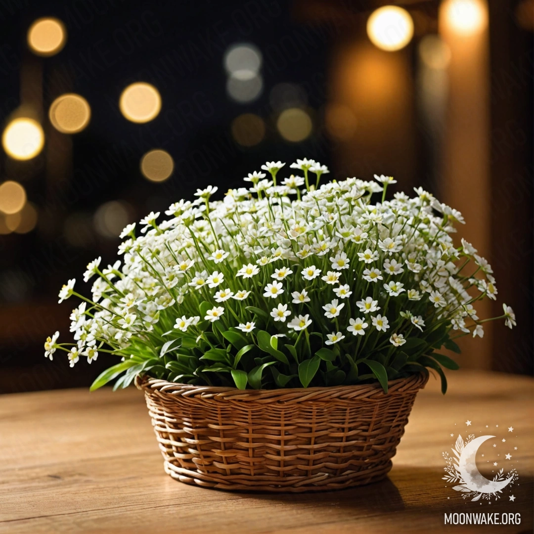 A basket filled with small white flowers illuminated by moonlight on a wooden table.