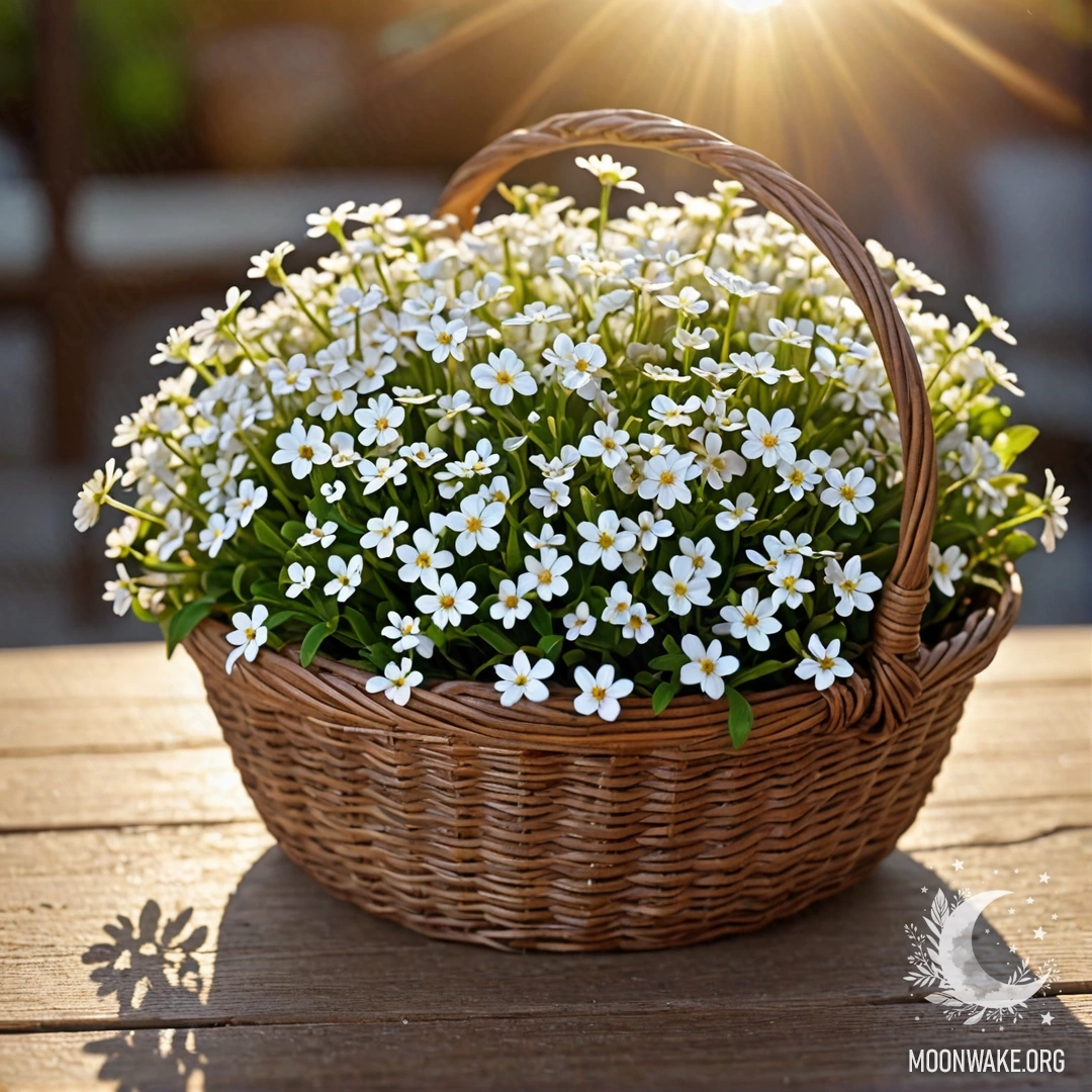 A basket filled with small white flowers on a wooden table at sunset.
