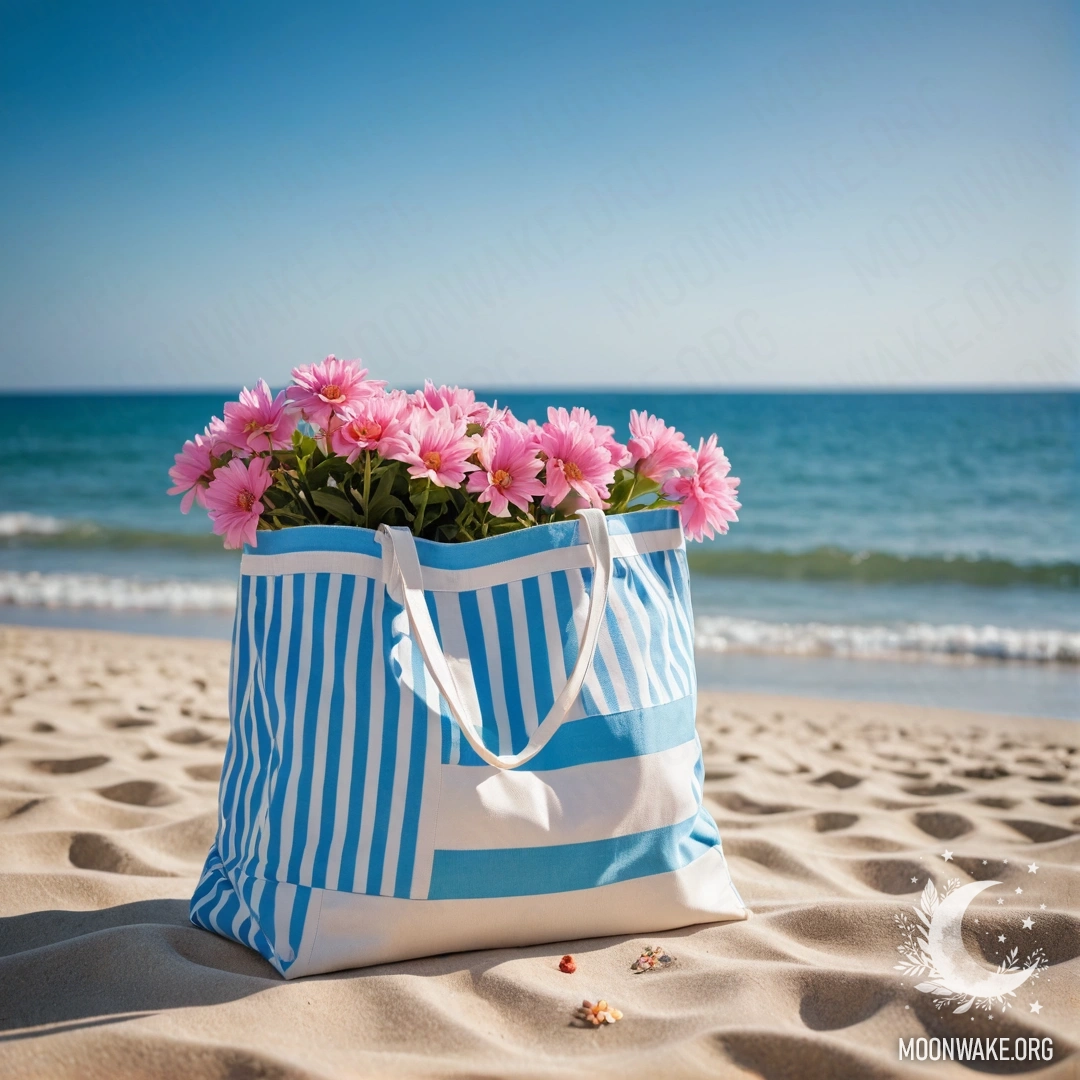 A white and blue striped bag filled with pink flowers on a sandy beach, with the blue sea and sky in the background.