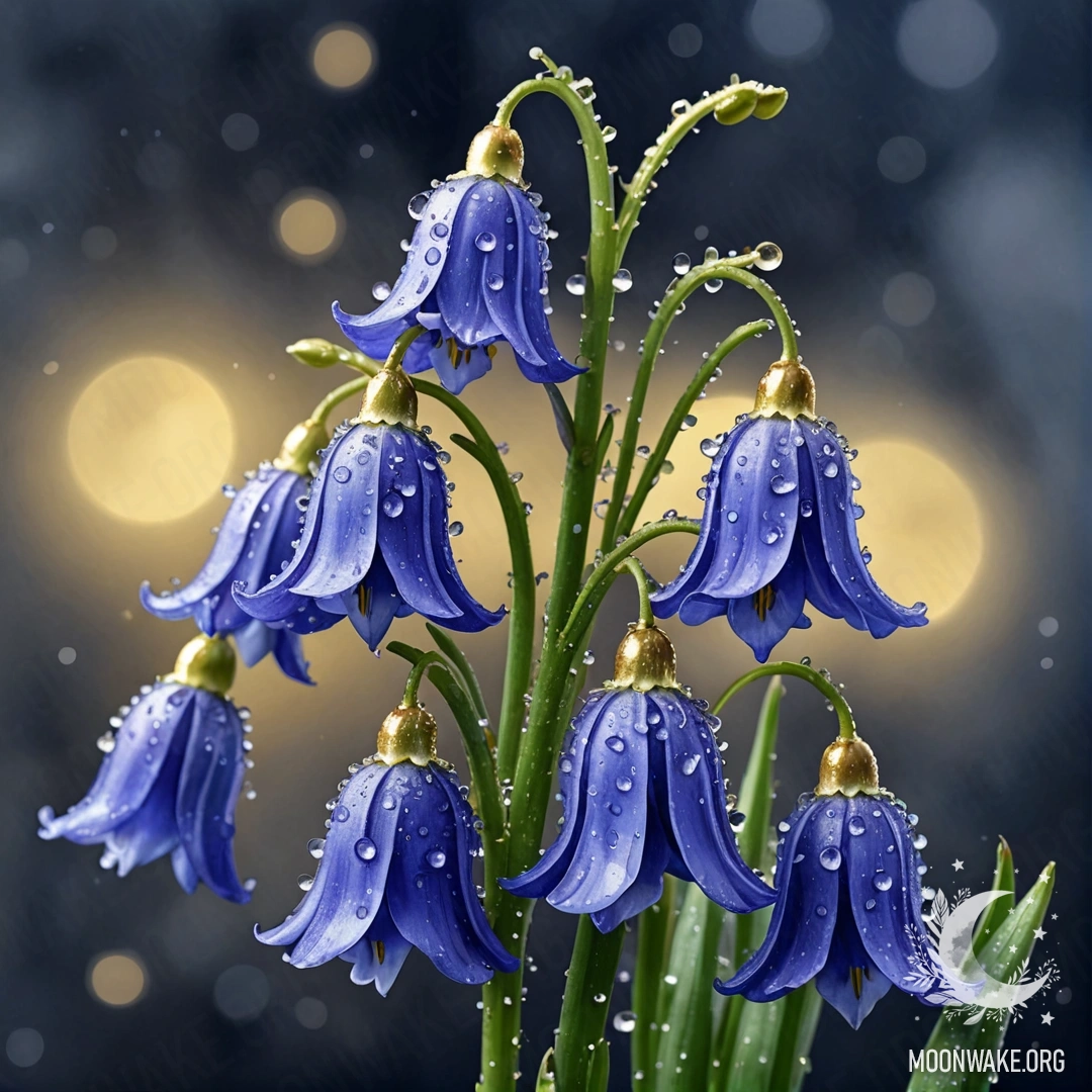 Minimalist Bluebell Bouquet with Dew Drops A watercolor painting of a bouquet of bluebells with dew drops at night.