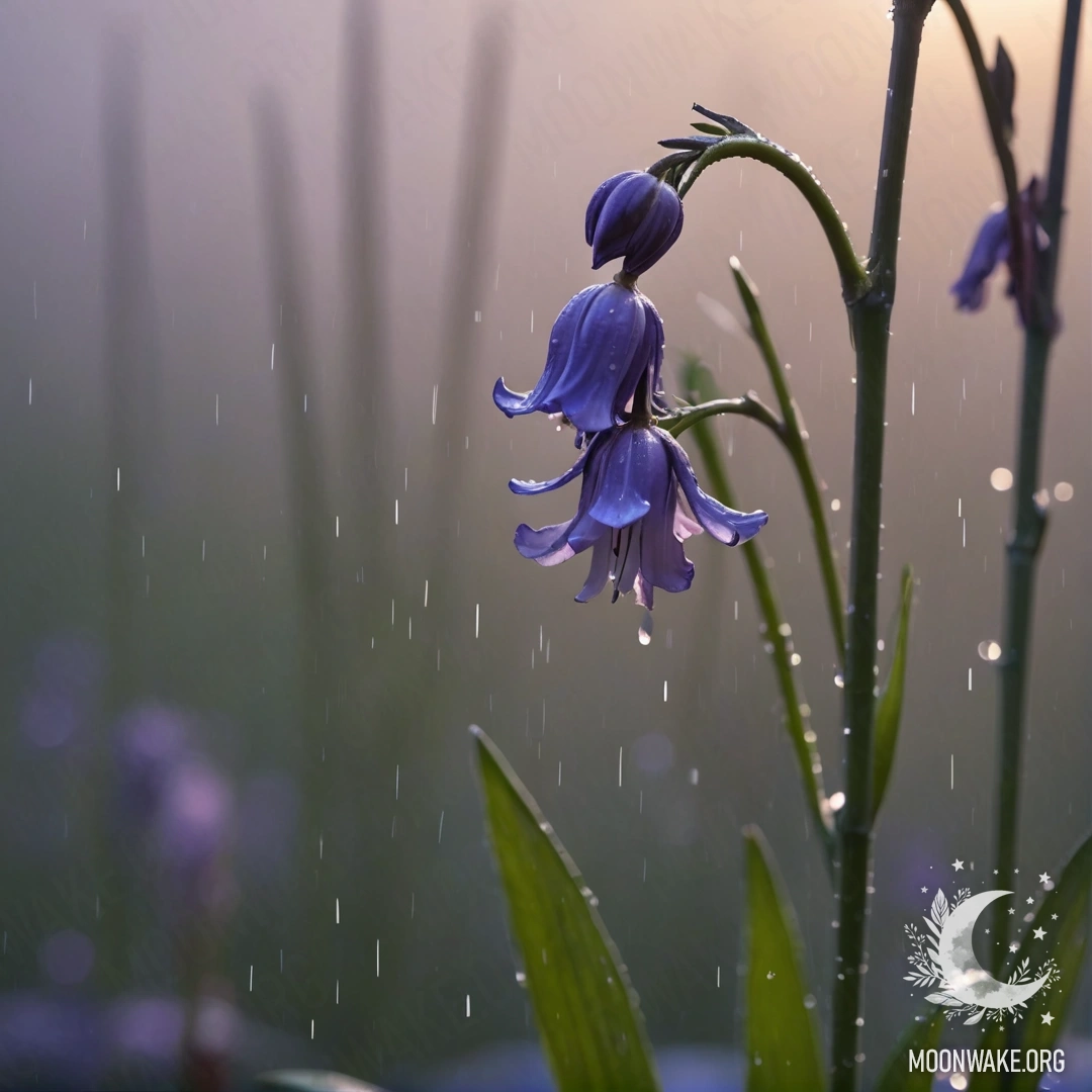 A bluebell flower drenched in rain against a lavender sunset.