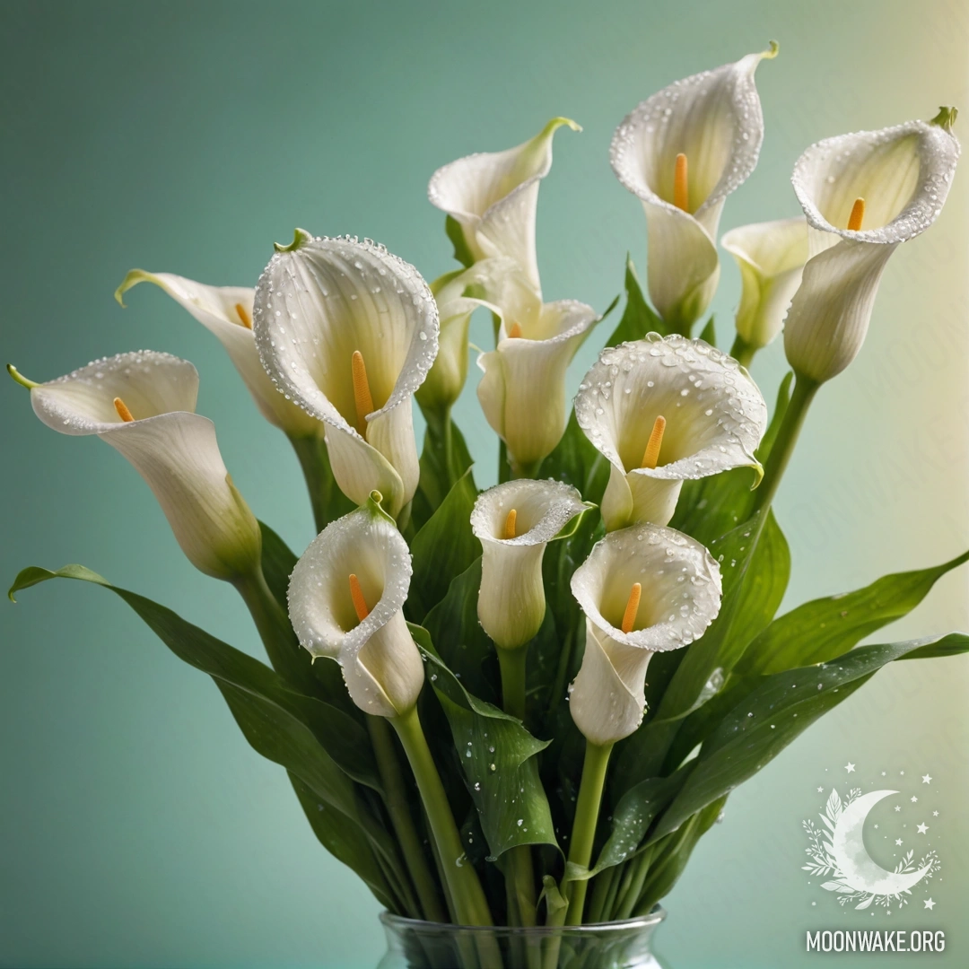 Minimalist Bouquet of Calla Lilies with Dew Drops A delicate arrangement of mint-colored calla lilies adorned with dew drops, illuminated by sunny rays.