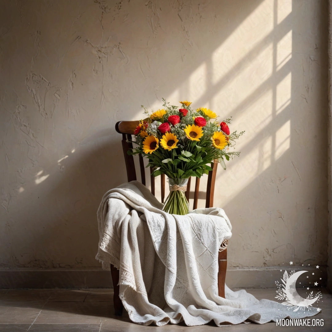 Minimalist Bouquet on Cozy Chair A cozy chair with a blanket and a bouquet of flowers on it, set against a shabby wall with sunlight streaming down.