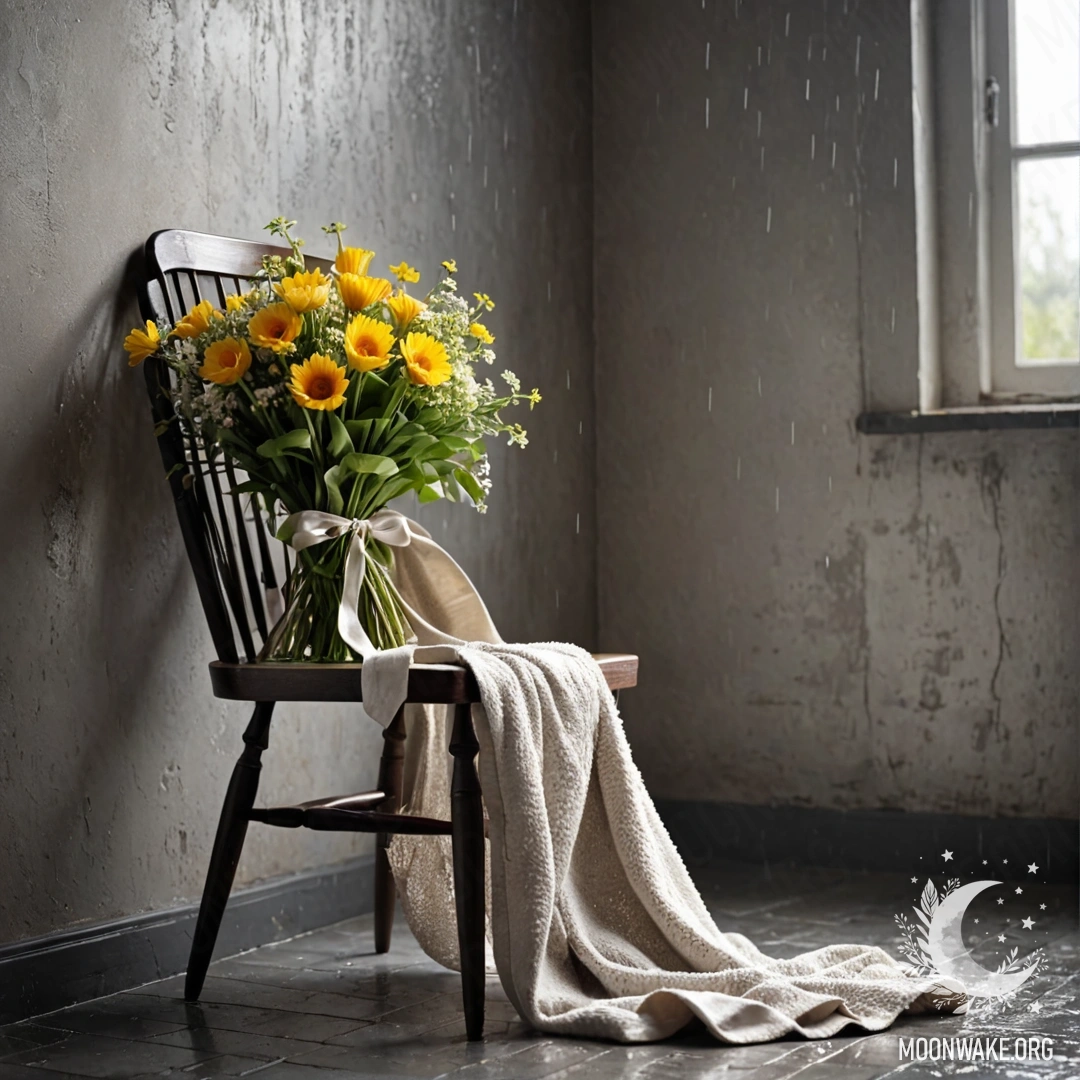 A chair with a blanket and a bouquet of flowers lying on it against a shabby wall in the rain.