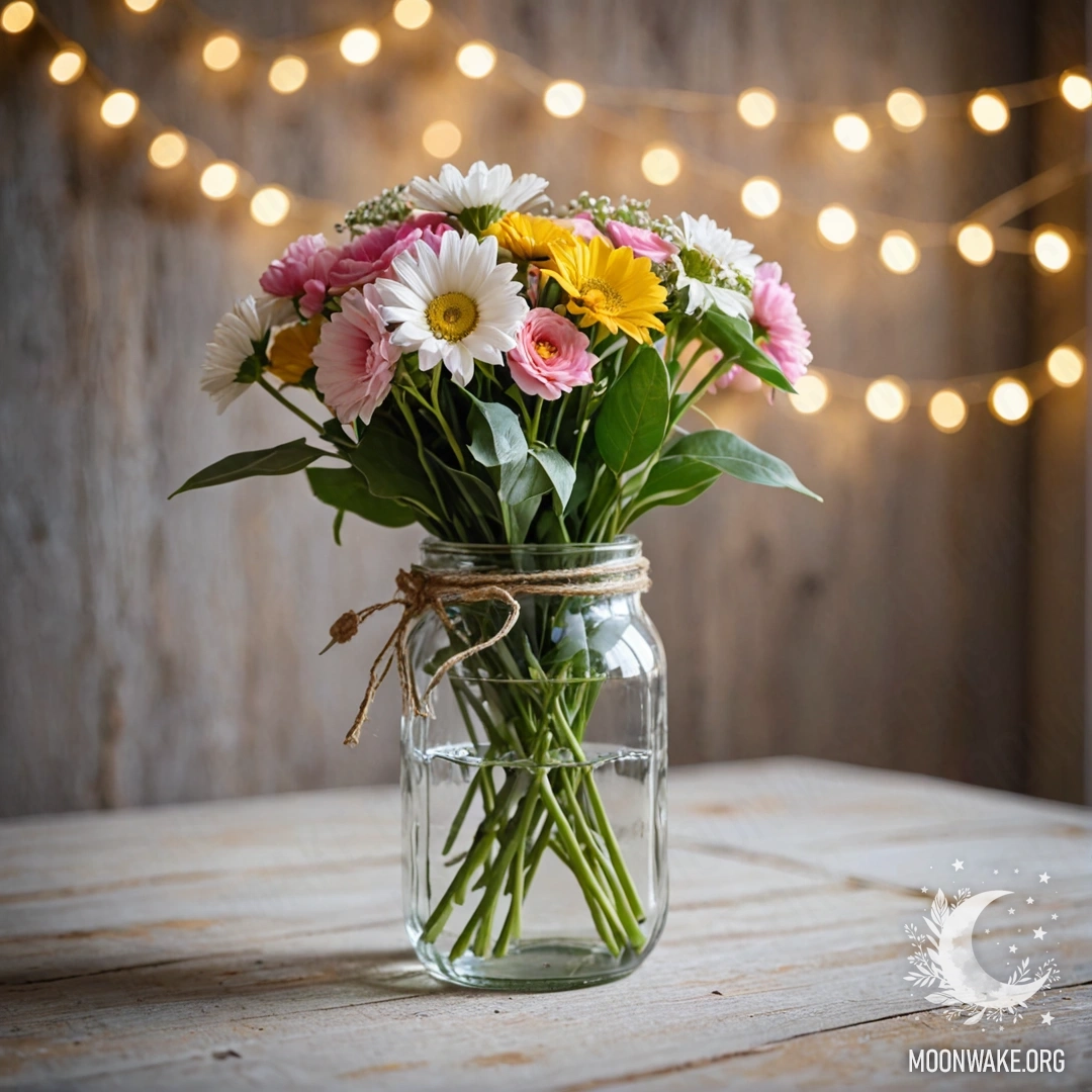 A jar with a bouquet of flowers sits on a shabby wooden table with a light bokeh background.