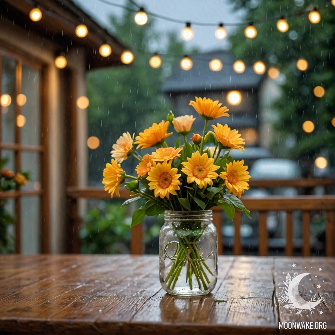A jar with a bouquet of flowers on a shabby wooden table with a light garland bokeh in the rain.