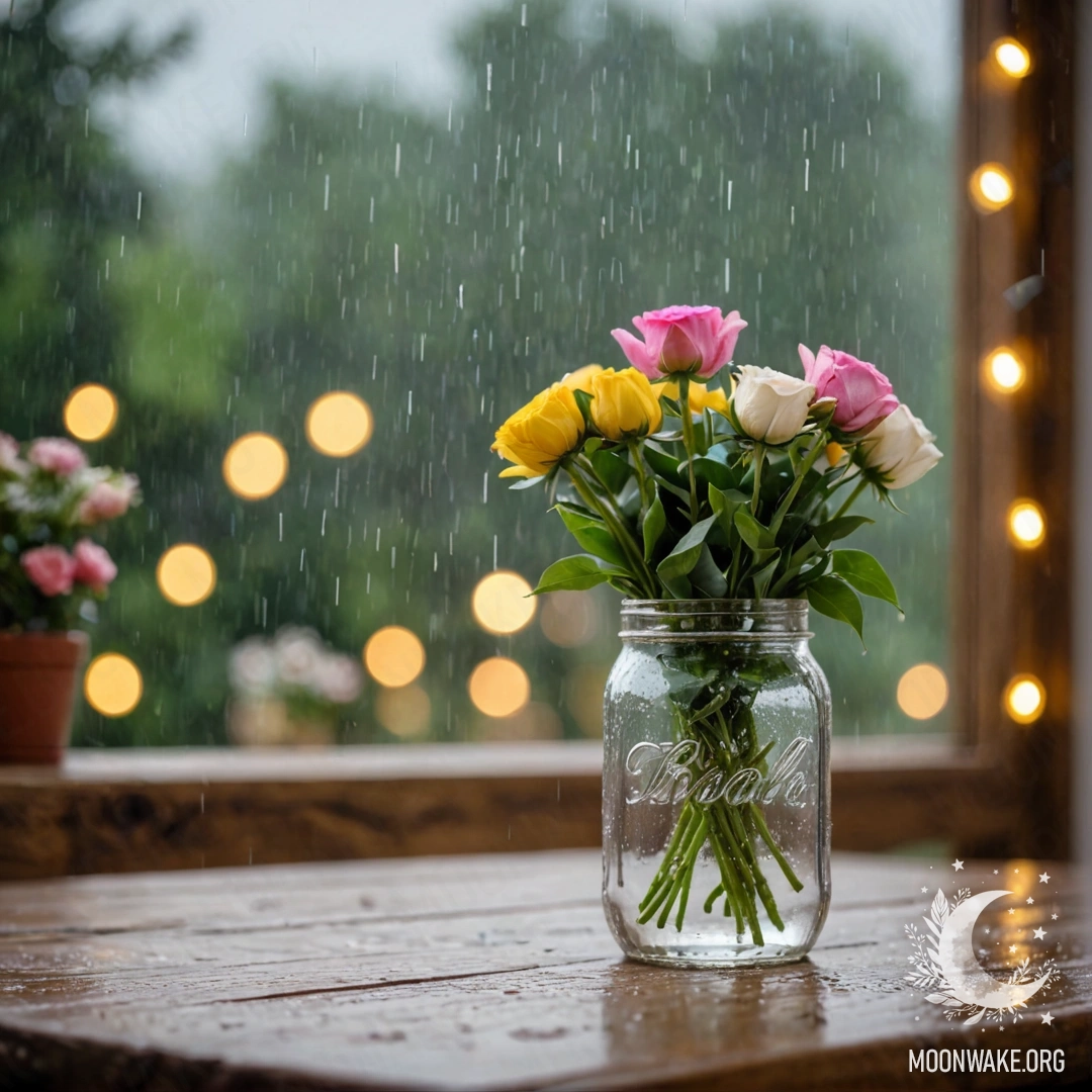 A shabby wooden table holds a jar of flowers with a bokeh background of a light garland under the rain.